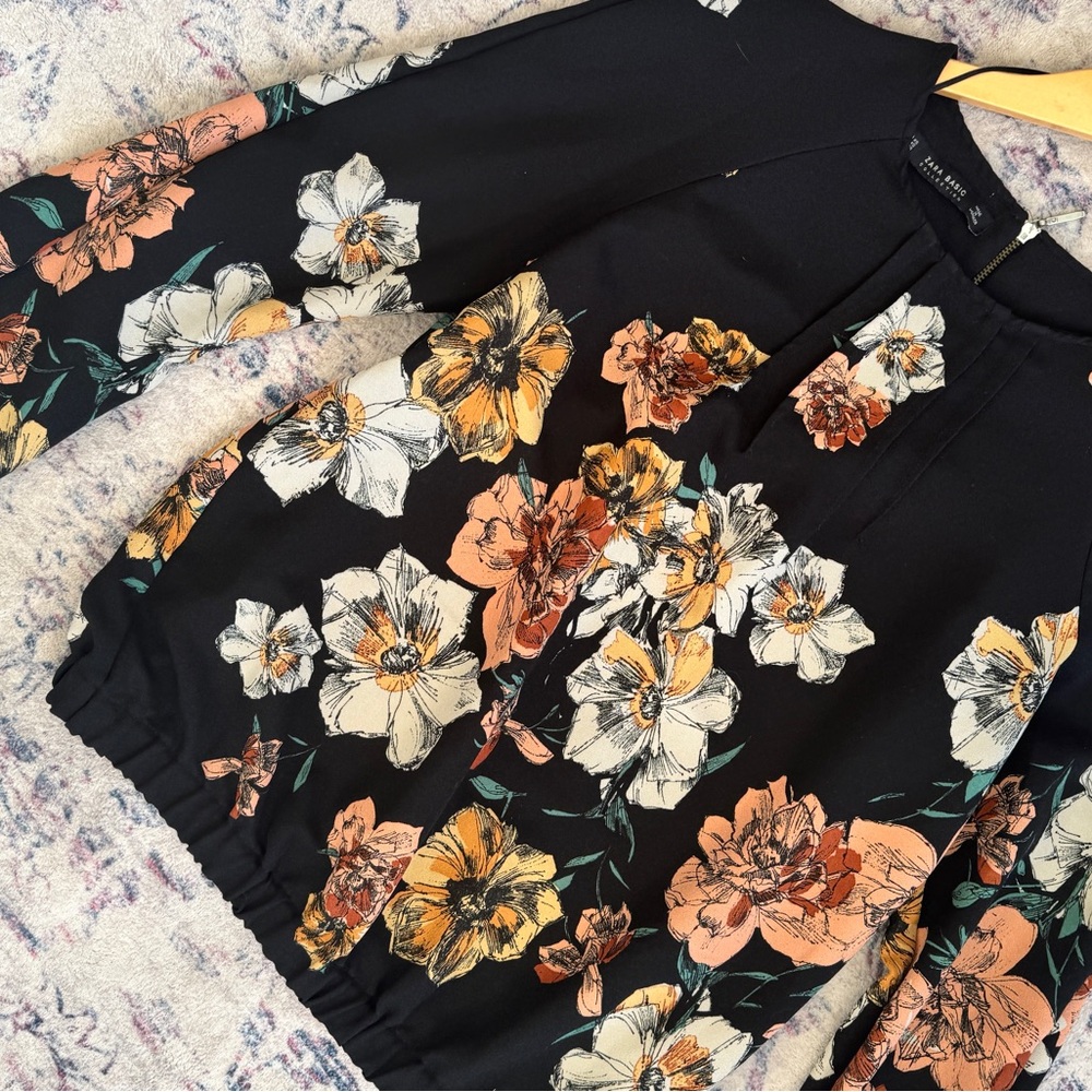 Zara Black Blouse with Cream & Peach Floral Detail